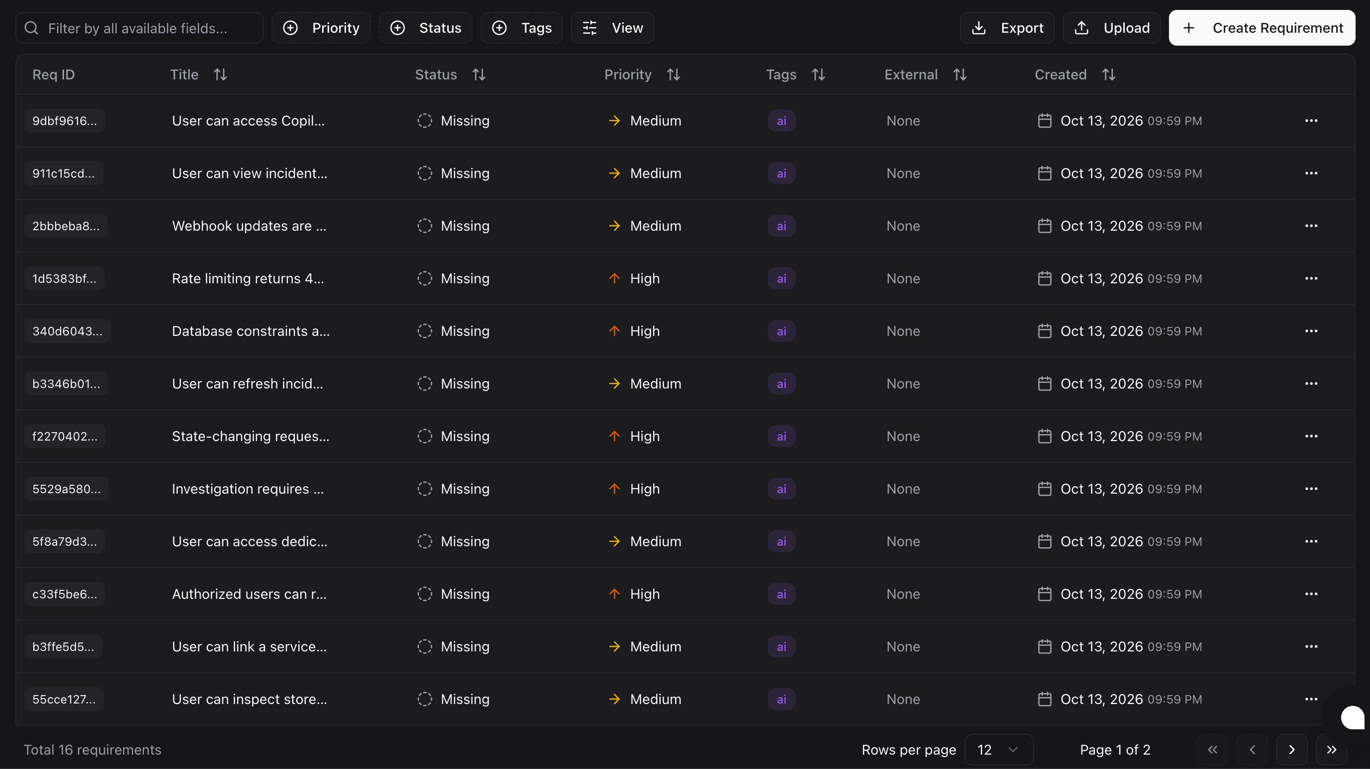 Requirements list with status, priority, and tags