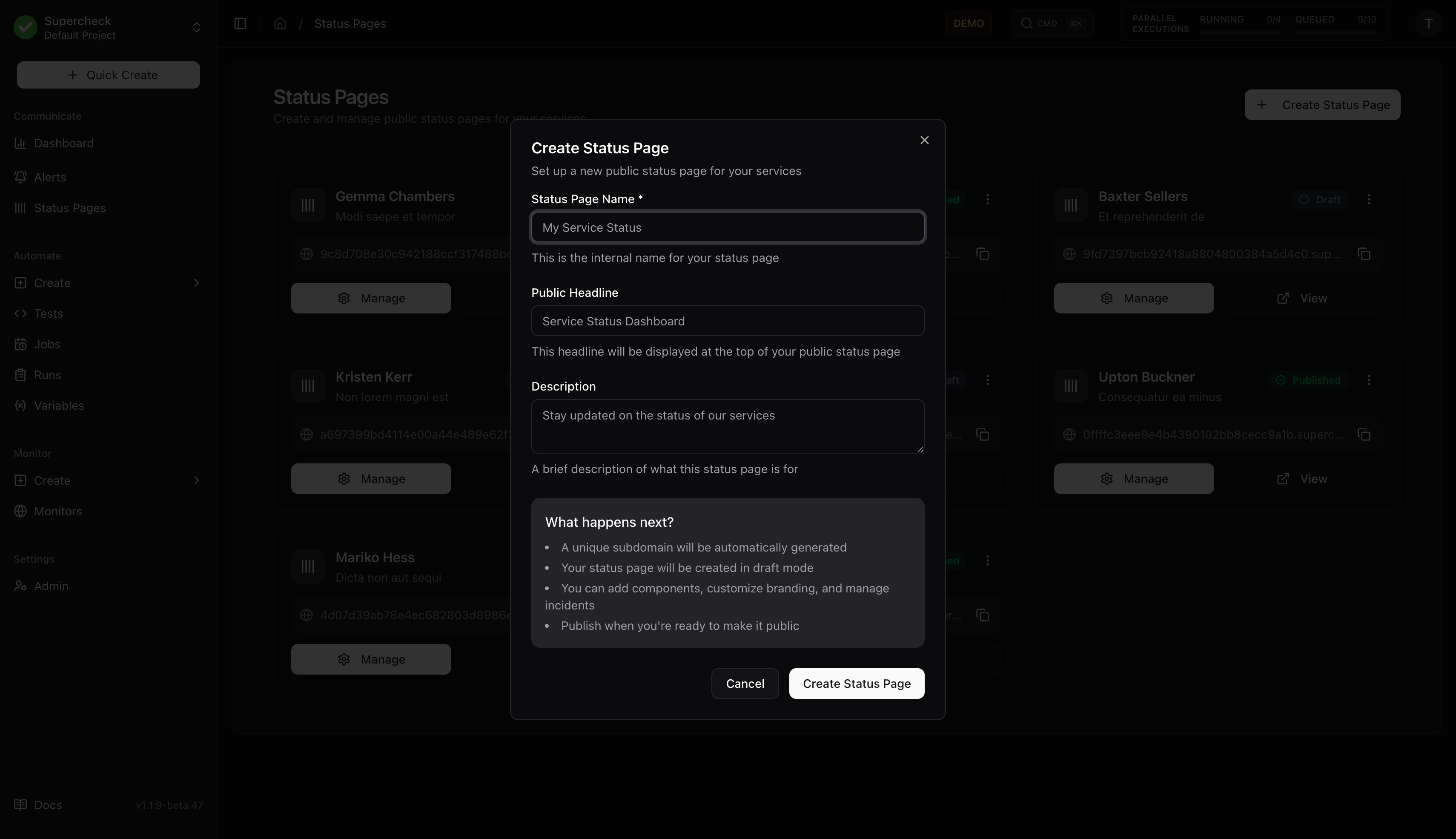 Create Status Page
