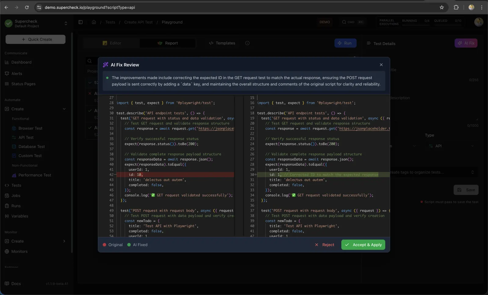 AI Fix review dialog showing the original script beside the suggested fix