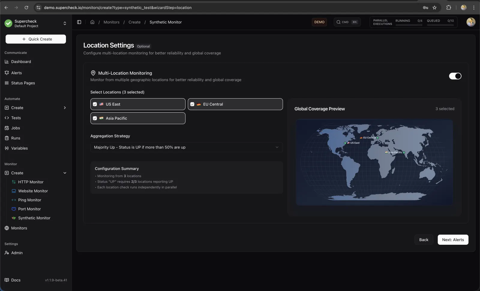 Monitor location settings with three regions selected