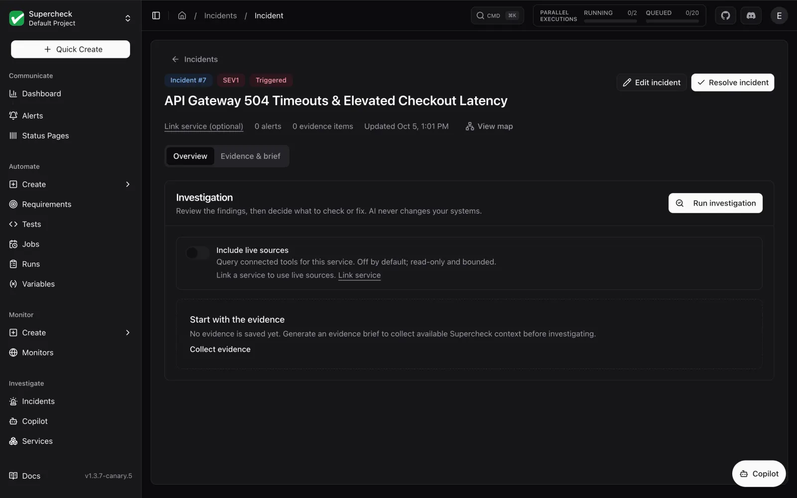 Incident workspace for an API gateway incident with severity and status