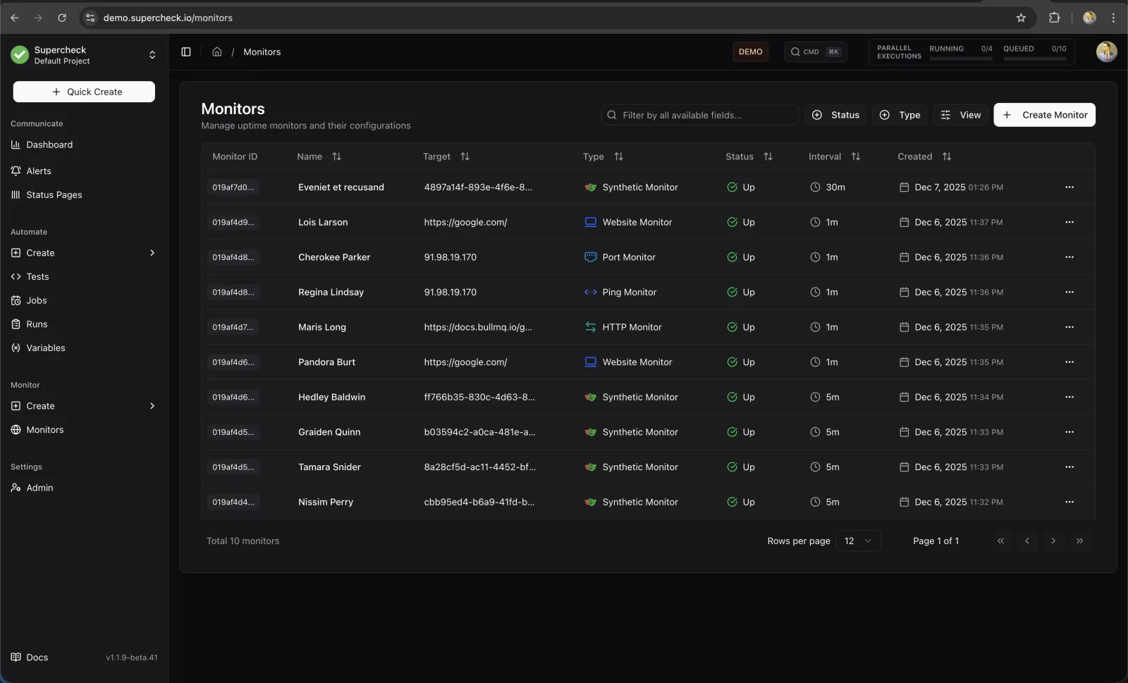 Monitors list with HTTP, website, ping, port and synthetic monitors