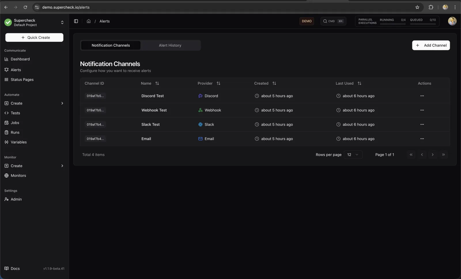 Notification channels list with Discord, webhook, Slack and email channels