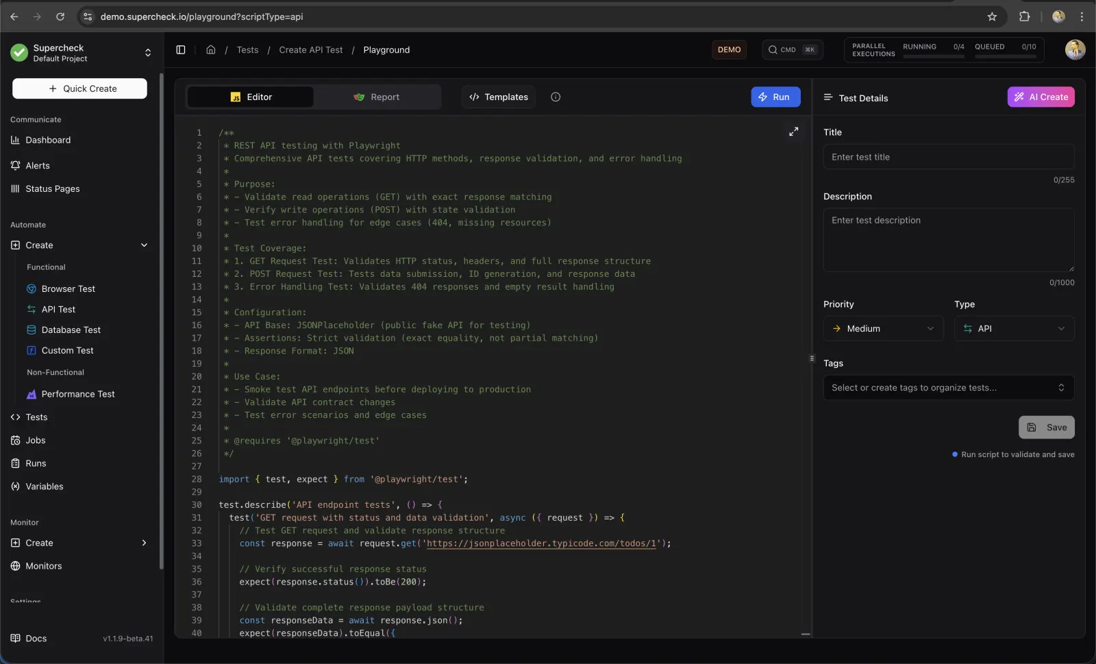 Playground editor with a Playwright API test and test details panel