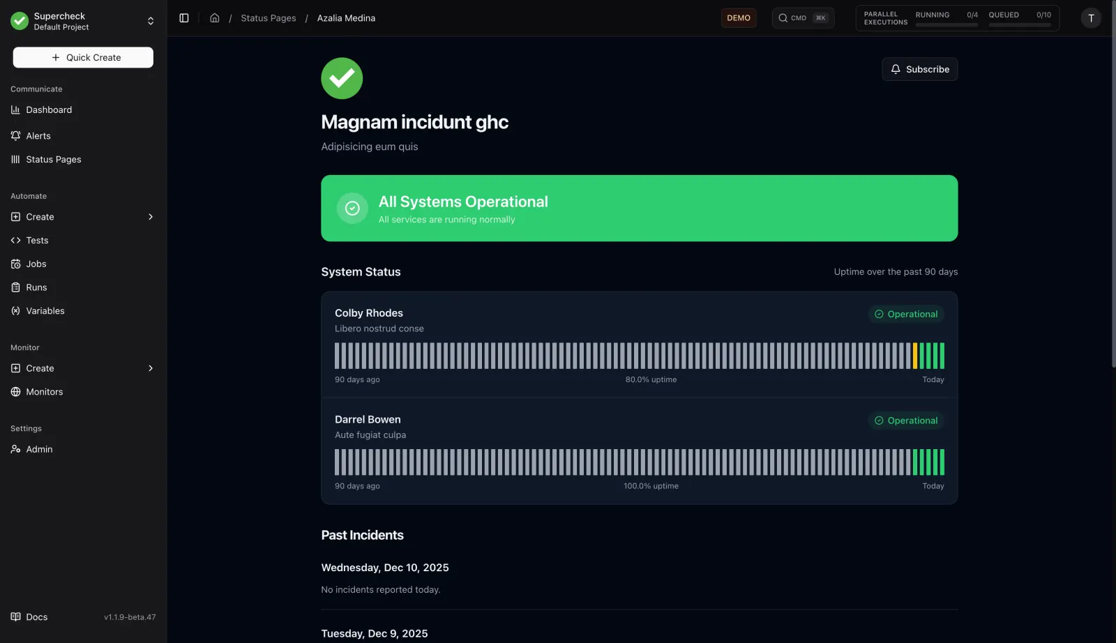 Public status page showing all systems operational with uptime bars